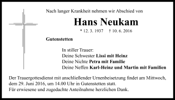 Traueranzeige von Hans Neukam von Neustadt/ Scheinfeld/ Uffenheim