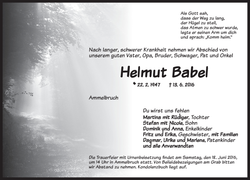  Traueranzeige für Helmut Babel vom 17.06.2016 aus Dinkelsbühl/ Feuchtwangen