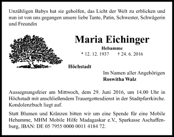 Traueranzeige von Maria Eichinger von Neustadt/ Scheinfeld/ Uffenheim