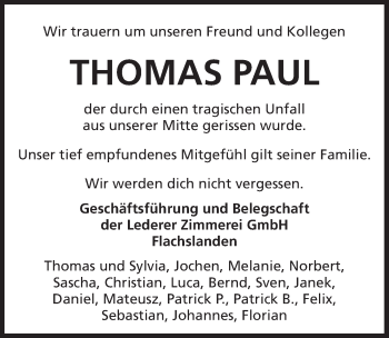 Traueranzeige von Thomas Paul von Ansbach