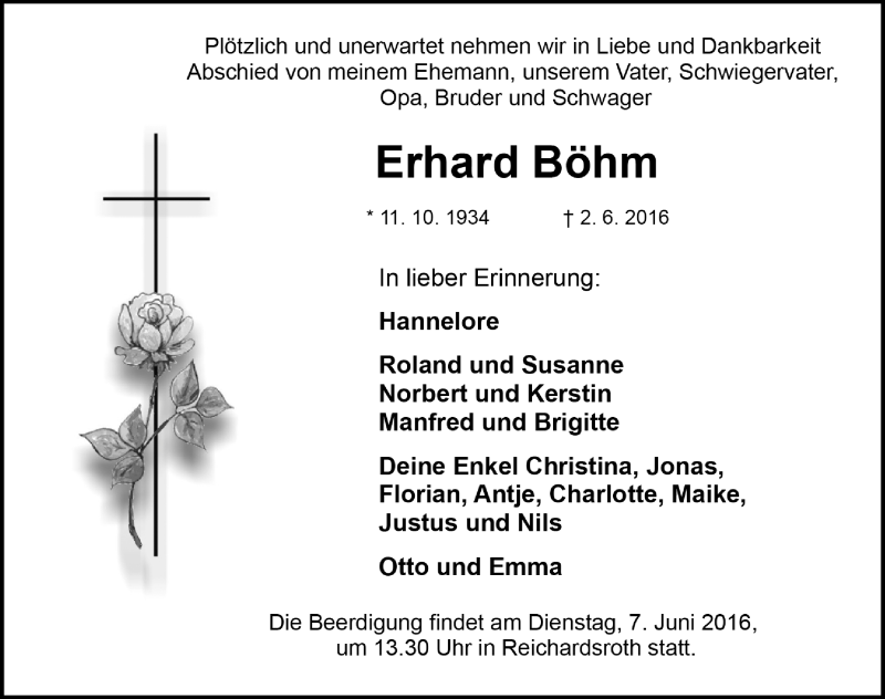  Traueranzeige für Erhard Böhm vom 04.06.2016 aus Neustadt/ Scheinfeld/ Uffenheim