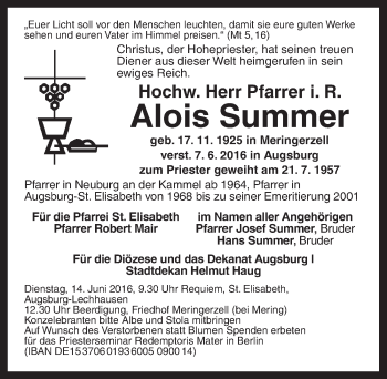 Traueranzeige von Alois Summer von Dinkelsbühl/ Feuchtwangen