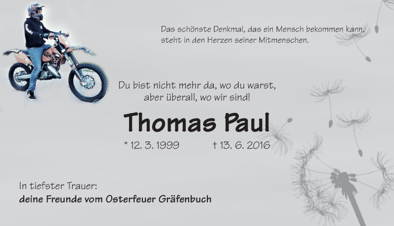  Traueranzeige für Thomas Paul vom 21.06.2016 aus Ansbach