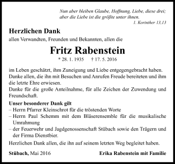 Traueranzeige von Fritz Rabenstein von Neustadt/ Scheinfeld/ Uffenheim