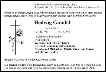 Traueranzeige von Hedwig Gundel von Rothenburg