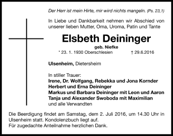 Traueranzeige von Elsbeth Deininger von Neustadt/ Scheinfeld/ Uffenheim