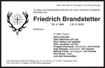 Traueranzeige von Friedrich Brandstetter von Dinkelsbühl/ Feuchtwangen