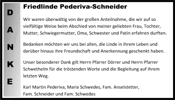 Traueranzeige von Friedlinde Pederiva-Schneider von Rothenburg