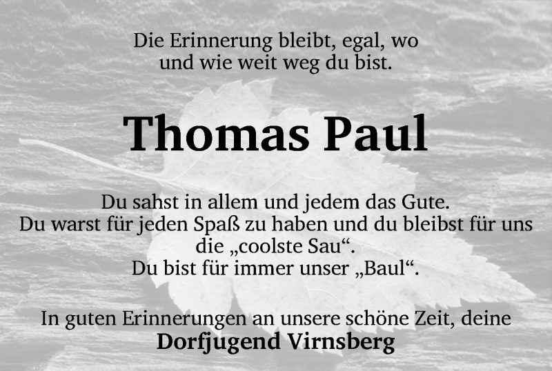  Traueranzeige für Thomas Paul vom 21.06.2016 aus Ansbach