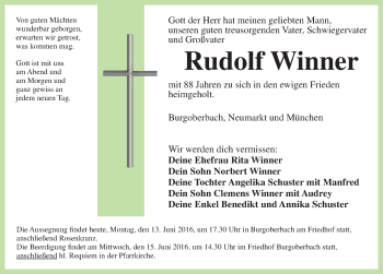 Traueranzeige von Rudolf Winner von Ansbach