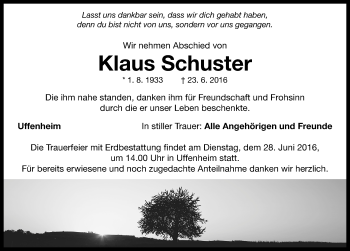 Traueranzeige von Klaus Schuster von Neustadt/ Scheinfeld/ Uffenheim