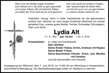 Traueranzeige von Lydia Alt von Neustadt/ Scheinfeld/ Uffenheim