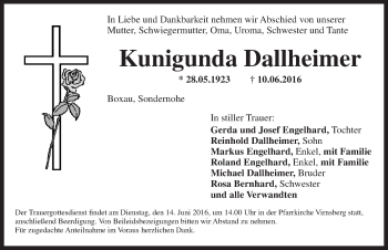 Traueranzeige von Kunigunda Dallheimer von Ansbach