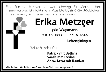 Traueranzeige von Erika Metzger von Dinkelsbühl/ Feuchtwangen