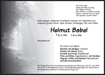 Traueranzeige von Helmut Babel von Dinkelsbühl/ Feuchtwangen