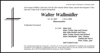 Traueranzeige von Walter Wallmüller von Ansbach