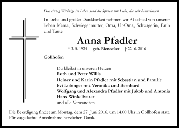 Traueranzeige von Anna Pfadler von Neustadt/ Scheinfeld/ Uffenheim