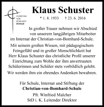 Traueranzeige von Klaus Schuster von Neustadt/ Scheinfeld/ Uffenheim