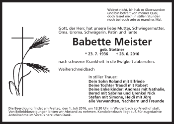 Traueranzeige von Babette Meister von Ansbach