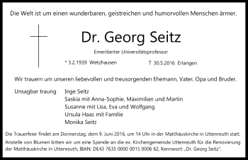 Traueranzeige von Georg Seitz von Neustadt/ Scheinfeld/ Uffenheim