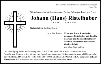 Traueranzeige von Johann Ristelhuber von Neustadt/ Scheinfeld/ Uffenheim