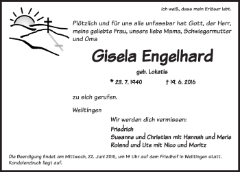 Traueranzeige von Gisela Engelhard von Dinkelsbühl/ Feuchtwangen