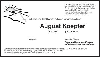 Traueranzeige von August Koepfer von Ansbach