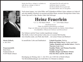 Traueranzeige von Heinz Feuerlein von Neustadt/ Scheinfeld/ Uffenheim