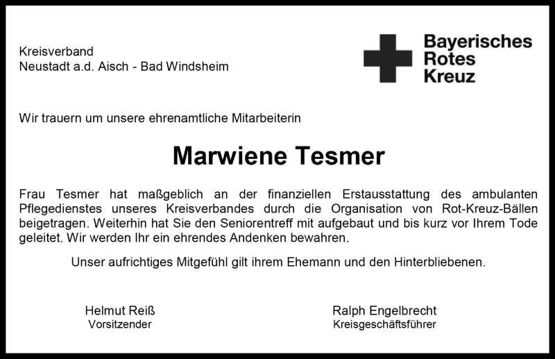  Traueranzeige für Marwiene Tesmer vom 28.07.2016 aus Neustadt/ Scheinfeld/ Uffenheim
