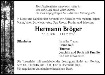 Traueranzeige von Hermann Bröger von Neustadt/ Scheinfeld/ Uffenheim