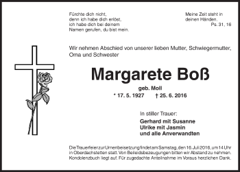 Traueranzeige von Margarete Boß von Ansbach