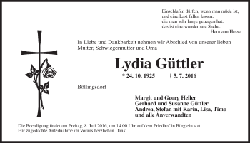 Traueranzeige von Lydia Güttler von Ansbach