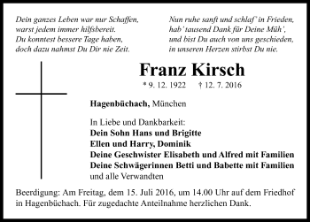 Traueranzeige von Franz Kirsch von Neustadt/ Scheinfeld/ Uffenheim