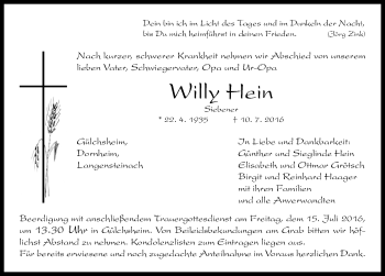 Traueranzeige von Willy Hein von Neustadt/ Scheinfeld/ Uffenheim