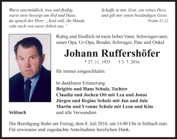 Traueranzeige von Johann Ruffershöfer von Neustadt/ Scheinfeld/ Uffenheim