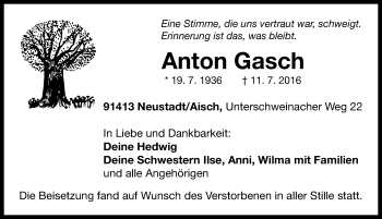 Traueranzeige von Anton Gasch von Neustadt/ Scheinfeld/ Uffenheim