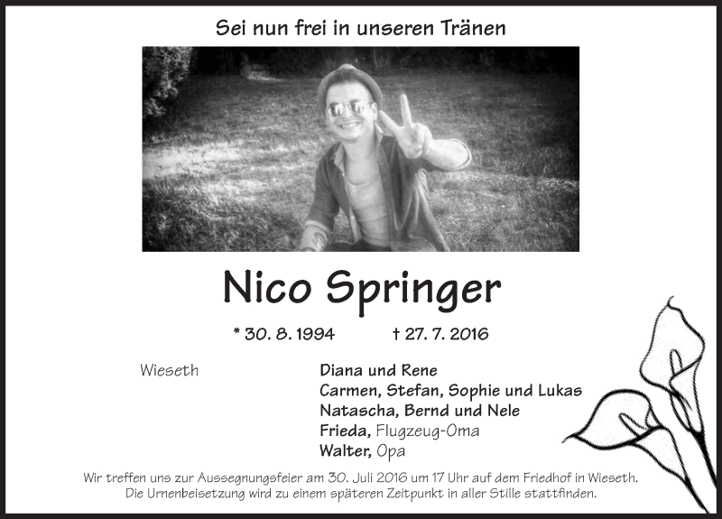  Traueranzeige für Nico Springer vom 29.07.2016 aus Dinkelsbühl/ Feuchtwangen