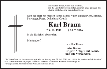 Traueranzeige von Karl Braun von Ansbach