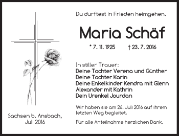 Traueranzeige von Maria Schäf von Ansbach