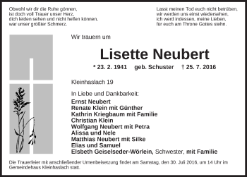 Traueranzeige von Lisette Neubert von Ansbach