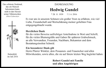 Traueranzeige von Hedwig Gundel von Rothenburg