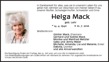 Traueranzeige von Helga Mack von Ansbach