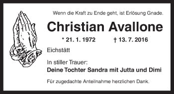 Traueranzeige von Christian Avallone von Ansbach