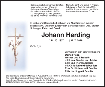 Traueranzeige von Johann Herding von Ansbach