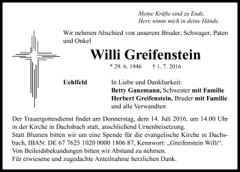 Traueranzeige von Willi Greifenstein von Neustadt/ Scheinfeld/ Uffenheim