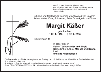 Traueranzeige von Margit Käßer von Ansbach