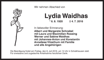 Traueranzeige von Lydia Waidhas von Ansbach