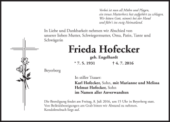 Traueranzeige von Frieda Hofecker von Dinkelsbühl/ Feuchtwangen