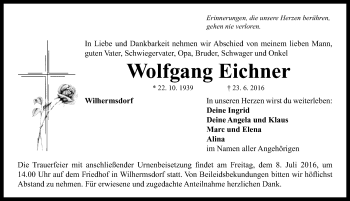 Traueranzeige von Wolfgang Eichner von Neustadt/ Scheinfeld/ Uffenheim