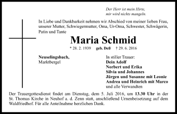 Traueranzeige von Maria Schmid von Neustadt/ Scheinfeld/ Uffenheim